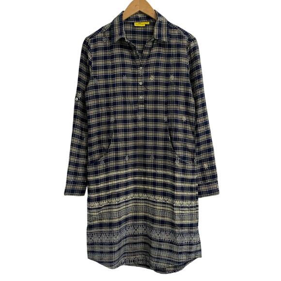 Roller Rabbit Plaid Embroidered Dress Women's XS Roll Tab Sleeves Pocket Fall - Picture 1 of 12